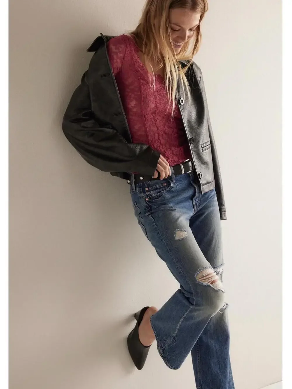 Free People Intimately All Night Long-Sleeve Lace Layering Top - Women Large NWT